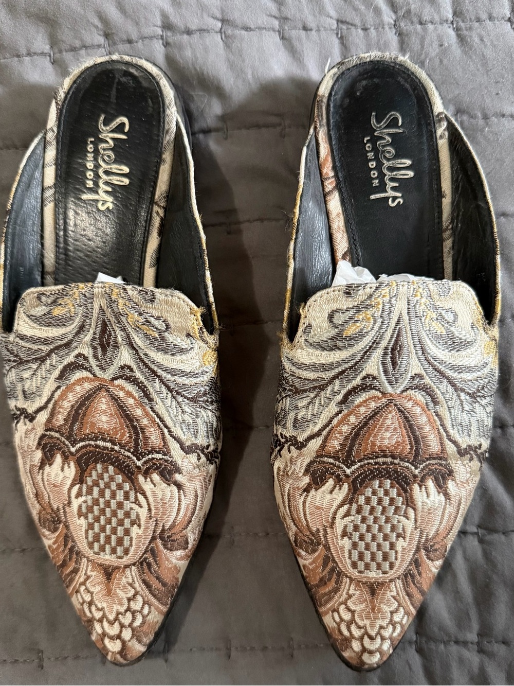 Shellys London Embroidered Pointed Mules in Beige and Brown Tones